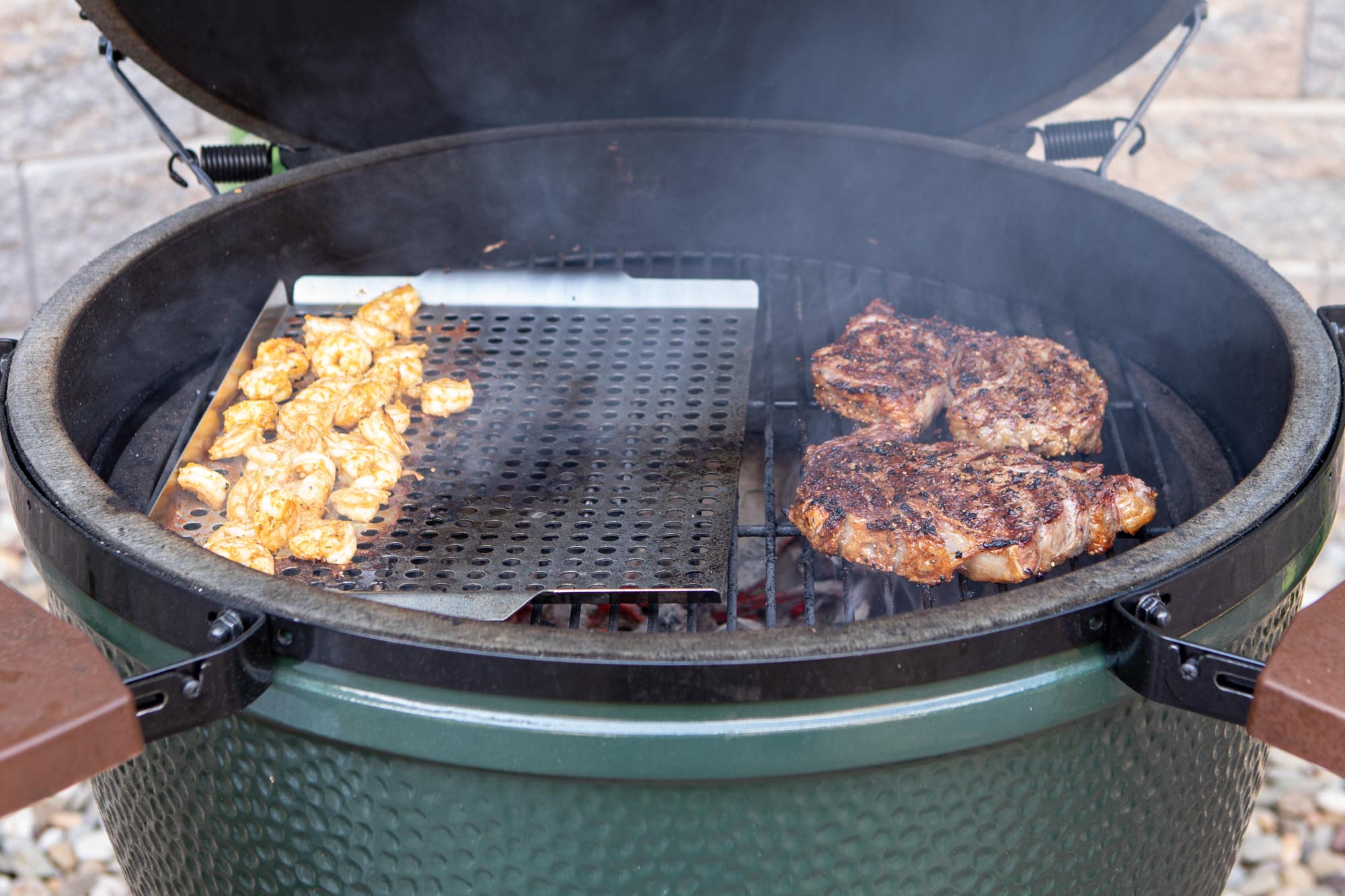 Shrimp and Parmesan Steak on the Big Green Egg