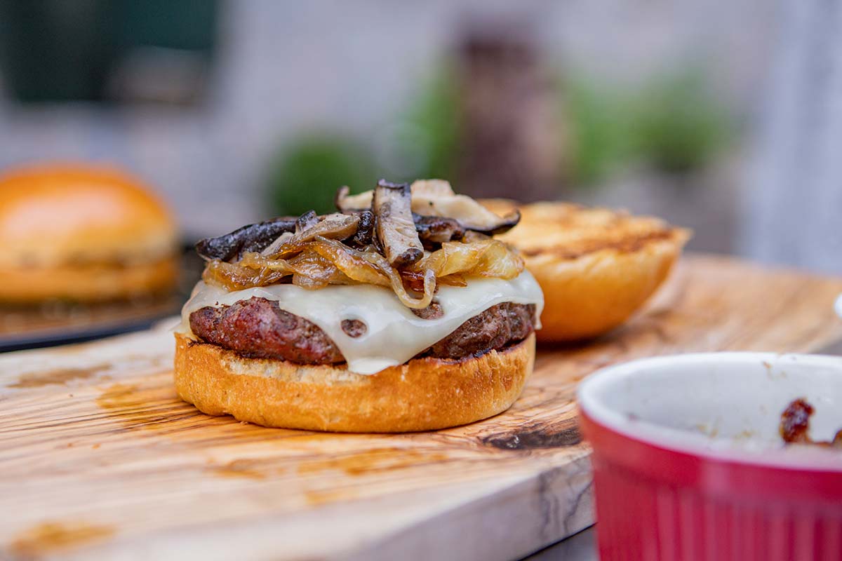 Prepping Swiss Onion Mushroom Burger