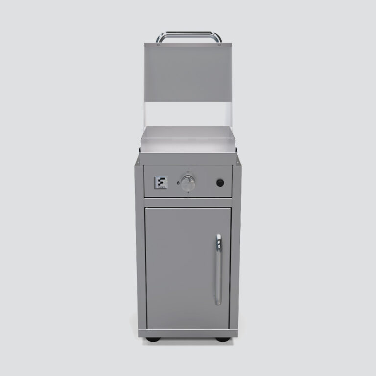 Fusion GFE40 Single-Burner Gas Griddle With Stainless Steel Lid on a Portable Cart
