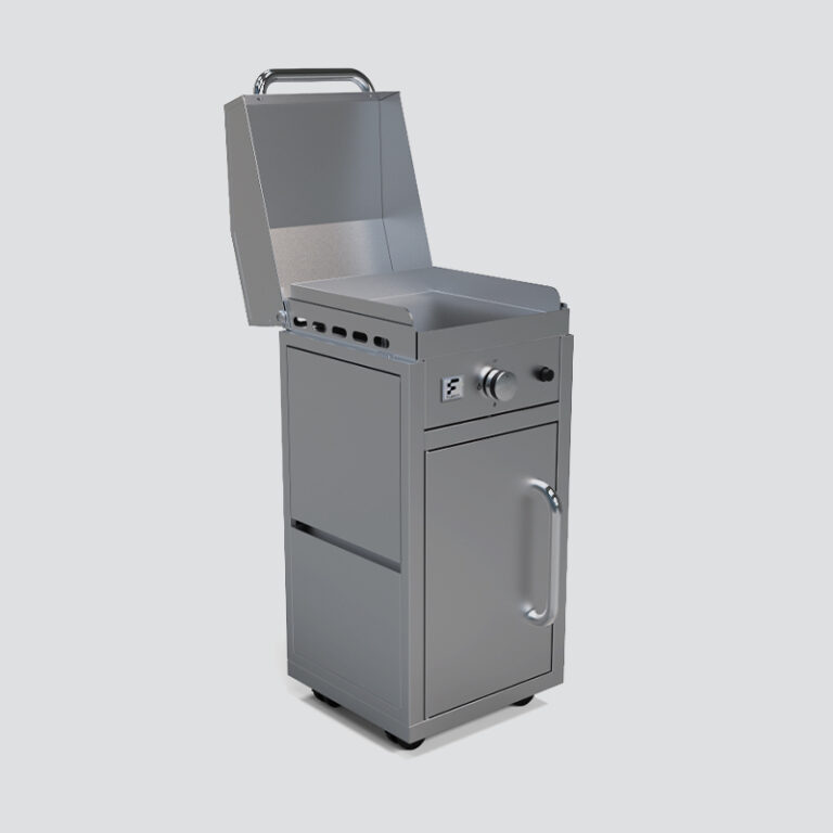 Fusion GFE40 Single-Burner Gas Griddle With Stainless Steel Lid on a Portable Cart