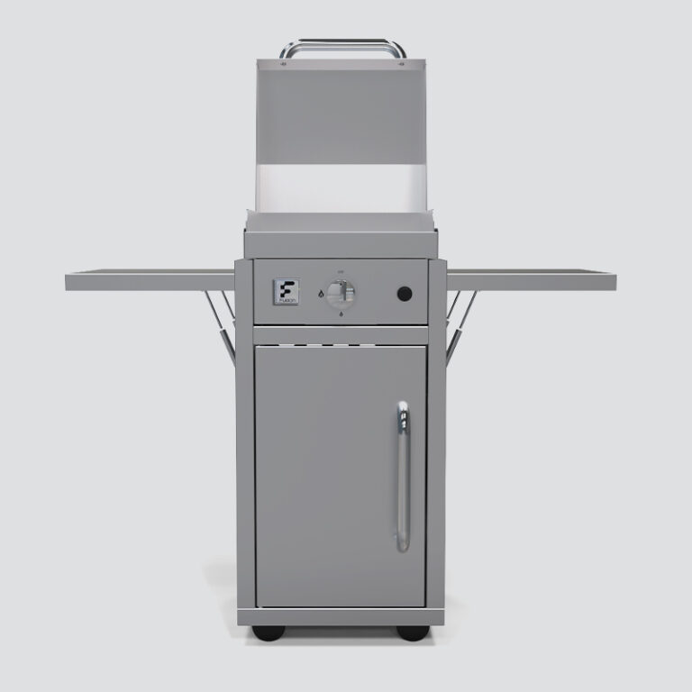 Fusion GFE40 Single-Burner Gas Griddle With Stainless Steel Lid on a Portable Cart