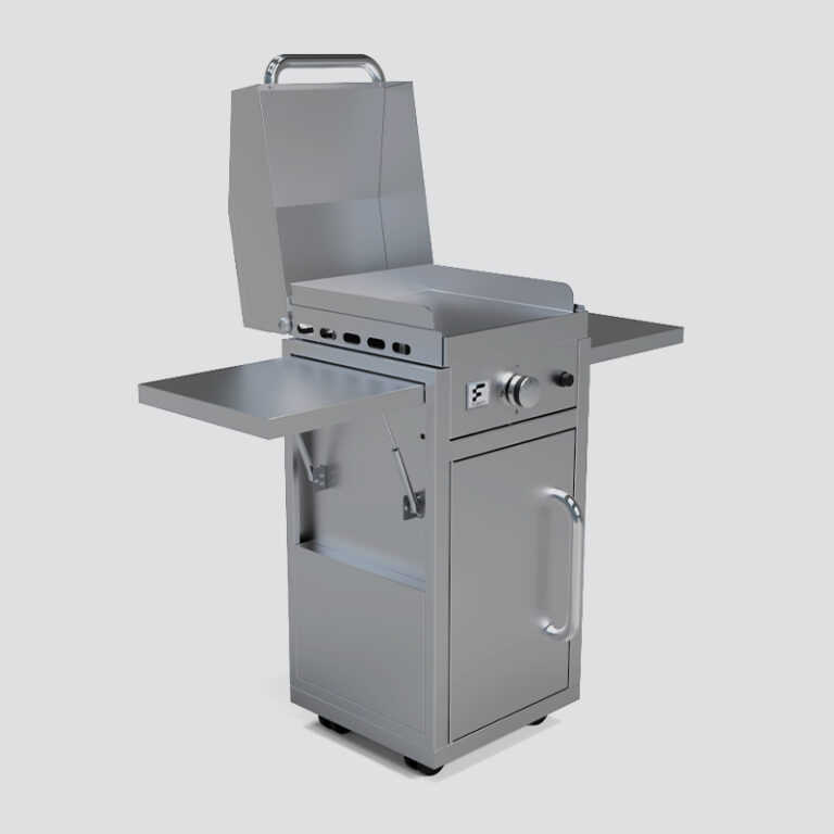 Fusion GFE40 Single-Burner Gas Griddle With Stainless Steel Lid on a Portable Cart