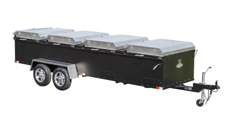 Stainless Lids Trim Package Slide out Grates on Meadow Creek BBQ144 Chicken Cooker Trailer