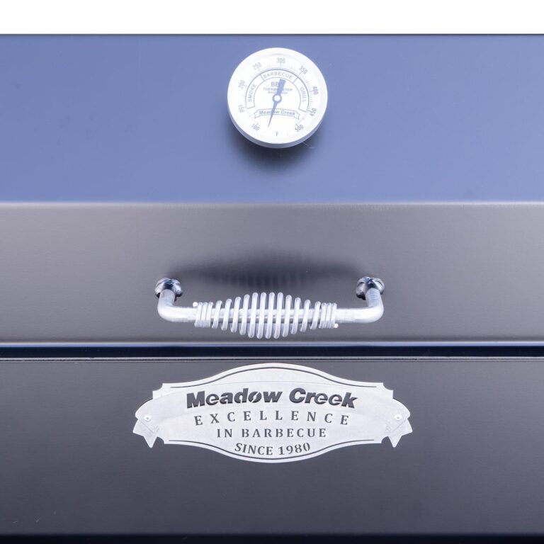 Cool-to-the-Touch Lid Handle and Calibratable Stainless Steel Thermometer on Meadow Creek SQ36 Offset Smoker