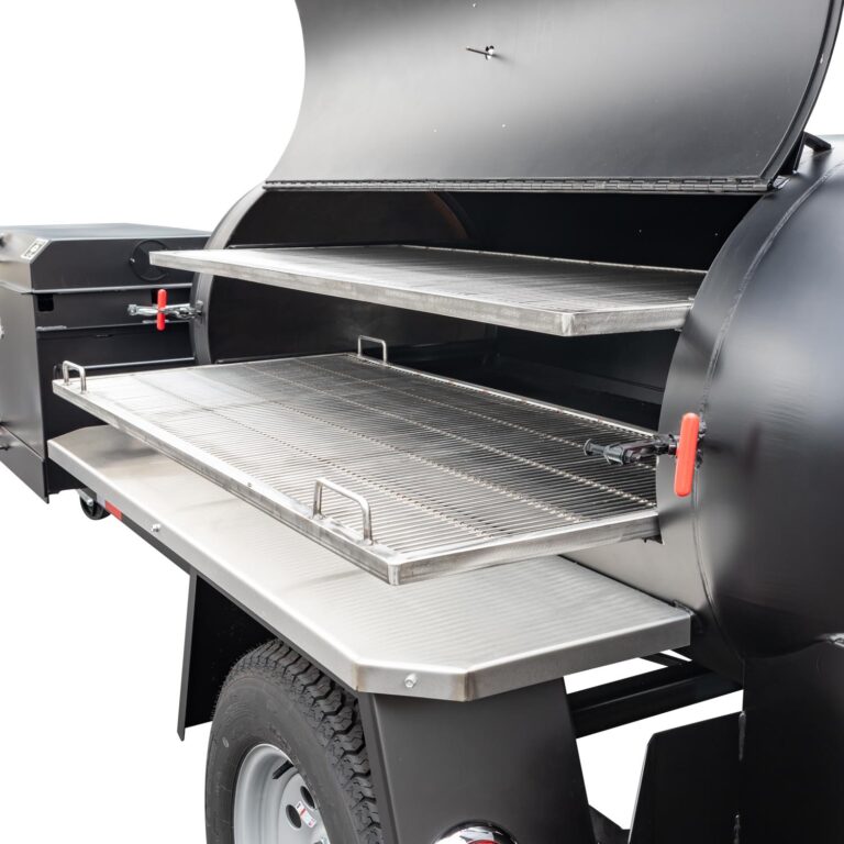 Sliding Grates on TS250 Tank Smoker With Optional BBQ42 With Charcoal Pullout and Stainless Steel Exterior Shelves