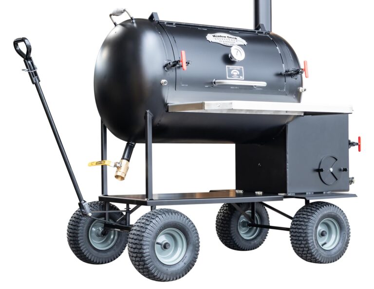 Optional Wagon Chassis, Probe Port, and Stainless Steel Exterior Shelf on TS70P Tank Smoker