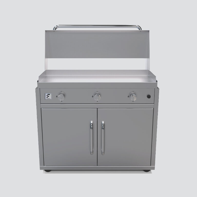 Fusion GFE105 Three-Burner Gas Griddle With Stainless Steel Lid and Trim Kit on a Portable Cart