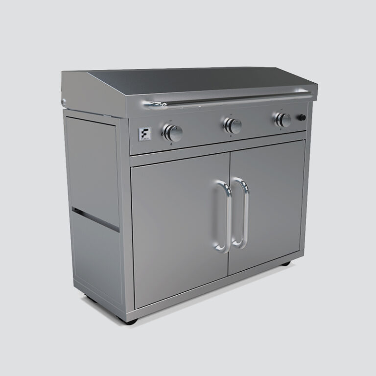 Fusion GFE105 Three-Burner Gas Griddle With Stainless Steel Lid and Trim Kit on a Portable Cart