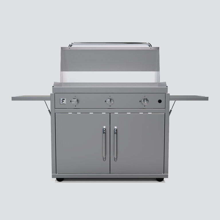 Fusion GFE105 Three-Burner Gas Griddle With Stainless Steel Lid and Trim Kit on a Portable Cart