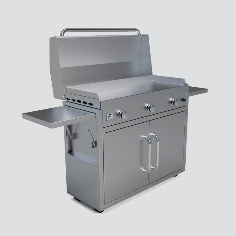 Fusion GFE105 Three-Burner Gas Griddle With Stainless Steel Lid and Trim Kit on a Portable Cart