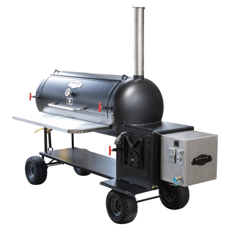 Meadow Creek TS120P Tank Smoker With Optional Gas Assist, Wagon Chassis, Stainless Steel Shelf, and Stainless Steel Smokestack