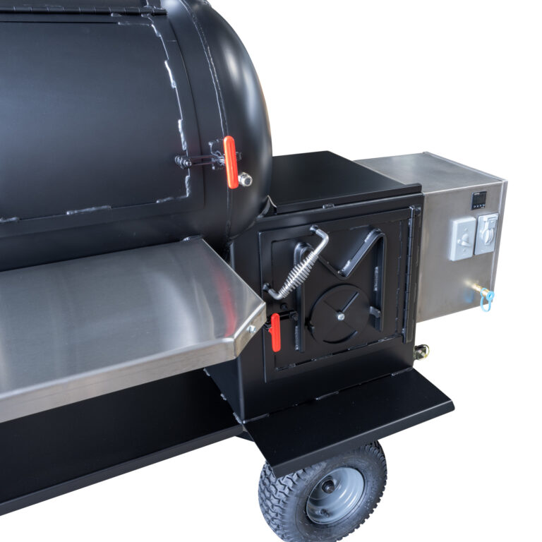Meadow Creek TS120P Tank Smoker With Optional Gas Assist, Wagon Chassis, and Stainless Steel Shelf